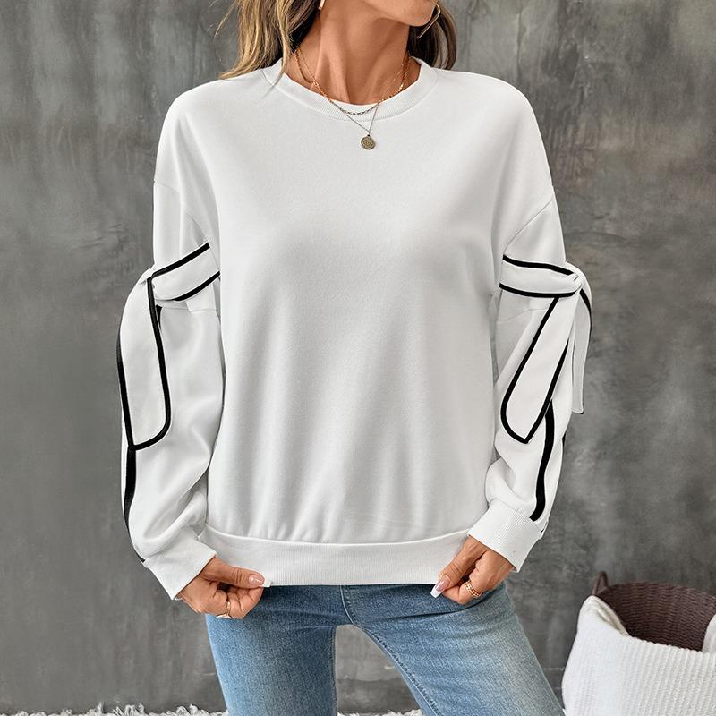 Autumn New Contrast Color  Bow Round Neck Long-sleeved Pullover Sweatshirt for Women