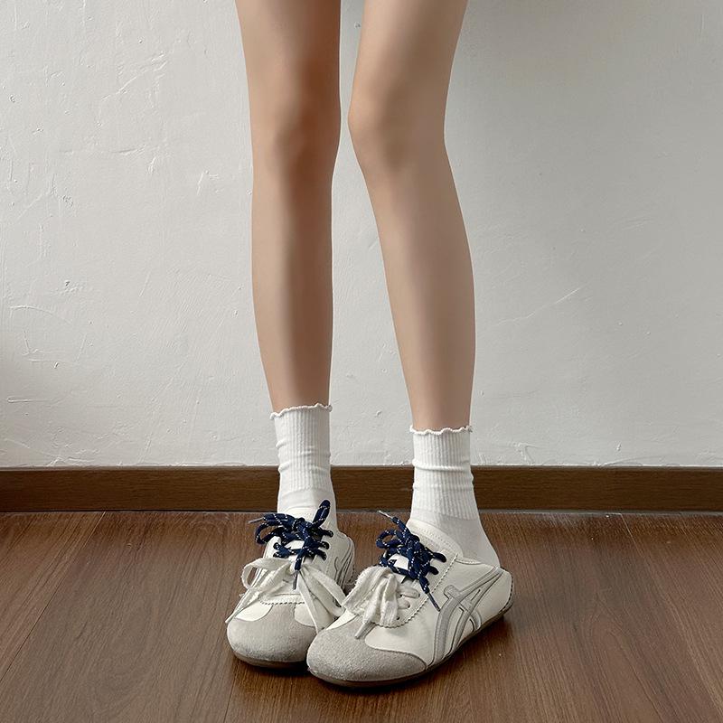 Women's Mid-Calf White Cotton Socks with Ruffles - Breathable and Soft Slouchy Fit
