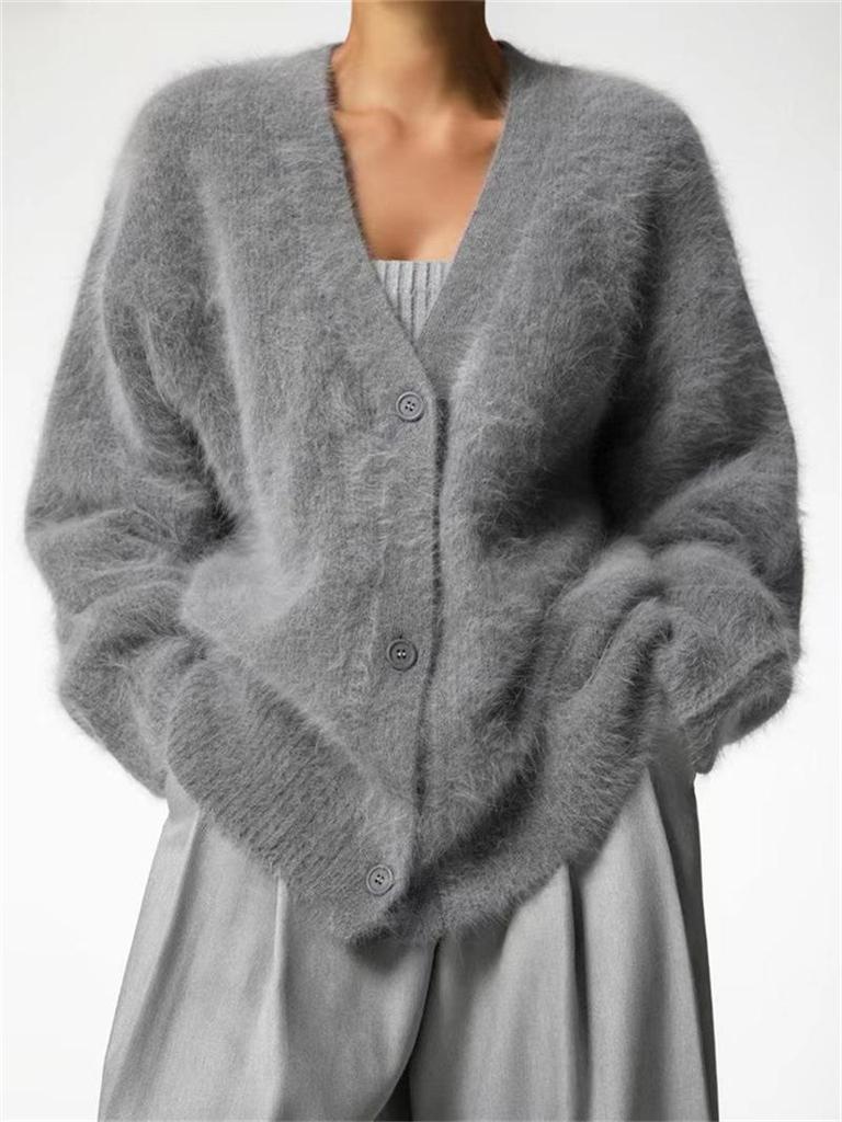 Plush Faux Mink V-Neck Knit Cardigan - Cozy Autumn/Winter Sweater Coat