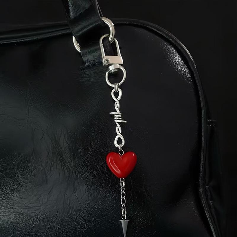 Y2K Red Heart Beaded Pendant Keychain Bag Charms Hangings Punk Cool Ornament Accessories