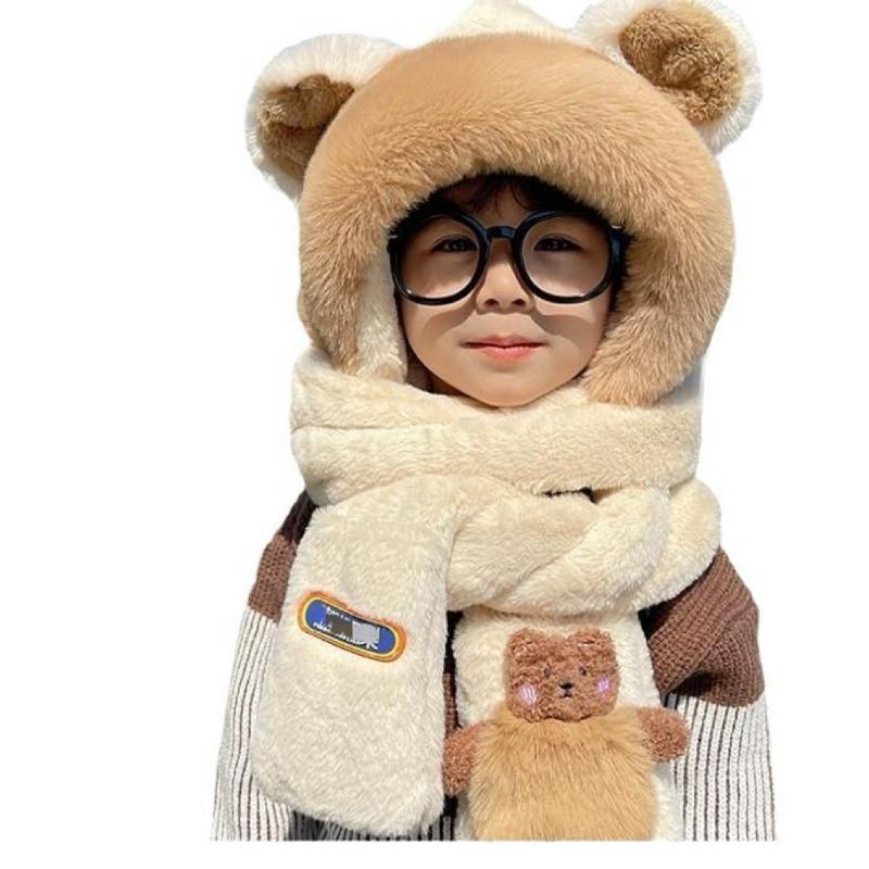 Winter children's hats three-piece baby scarf gloves integrated ear protection hats boys and girls thickened hats super cute