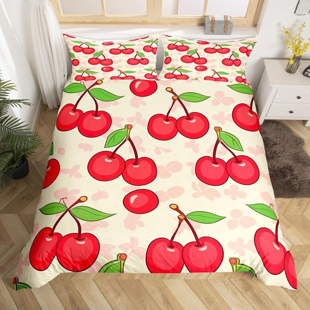 Red Cherry Printed Bedding Set Cartoon Tropical Fruit Duvet Set Three-Piece Set