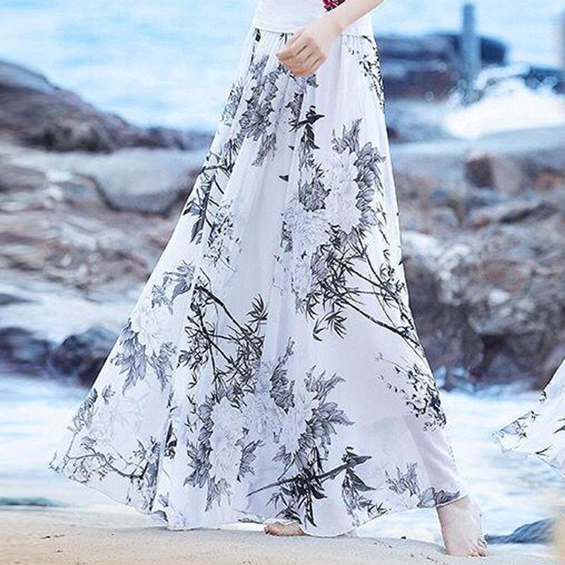 Magas derekú szoknyák női nyári őszi elasztikus derekú Midi teljes hosszú szoknya nyomattal egy vonalas anya táncszoknyák Swing sifon szoknya