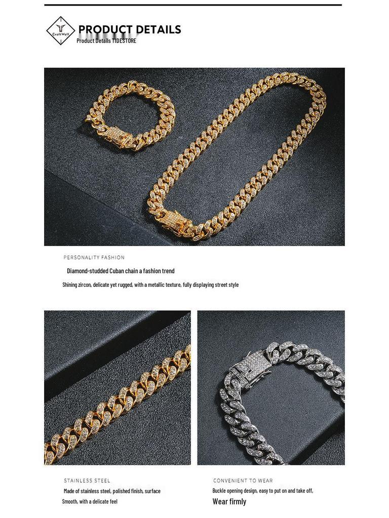 Unisex Hip Hop Diamond-Studded Cuban Chain Bracelet & Necklace