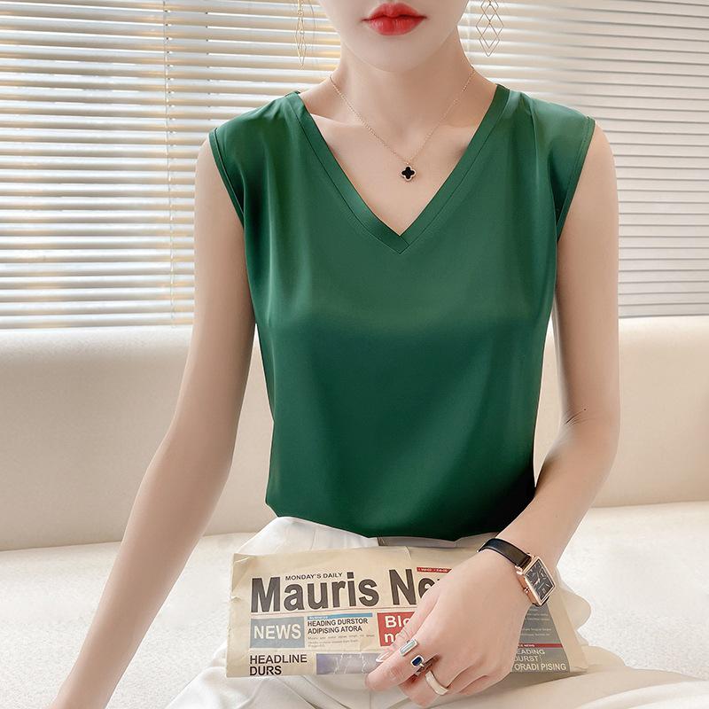 Women's Satin Wide Shoulder V-Neck Camisole Top - Summer, Loose, Sleeveless, Versatile