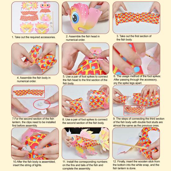 Fish Lantern Craft Kit for Children Handcrafted Chinese Traditional Handheld Lantern with LED Light for Spring Festival Mid-Autumn Decoration