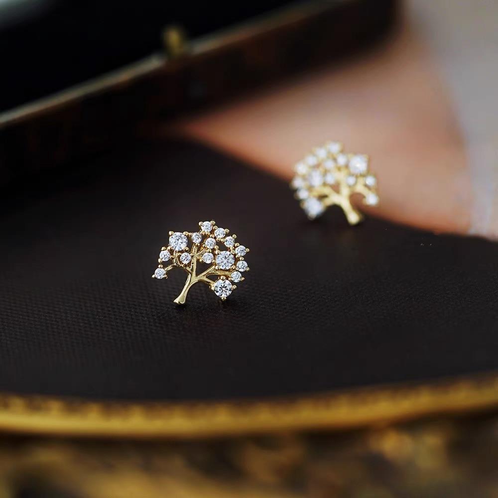 S925 Sterling Silver Wishing Tree Stud Earrings for Women Special-Interest Design Inlaid Zircon Light Luxury Temperament All-Match Earrings