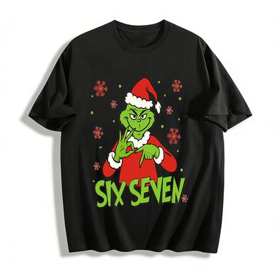 Grinch Themed Gesture Number Print Christmas Casual Top Pure Cotton T-shirt