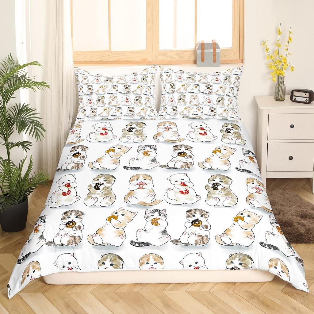 Cute Cat King Queen Duvet Cover Kitten Bedding Set Purple Floral Butterflies Polyester Quilt Cover Pet Animal Comforter Cover