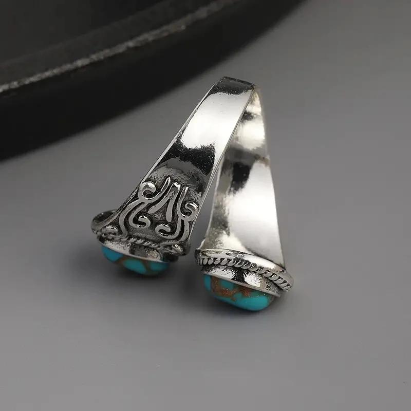 Cross Band Vintage Rings with Imitation Turquoise Stones Caved Pattern Boho Accessories for Women Elegant Lady Jewelry