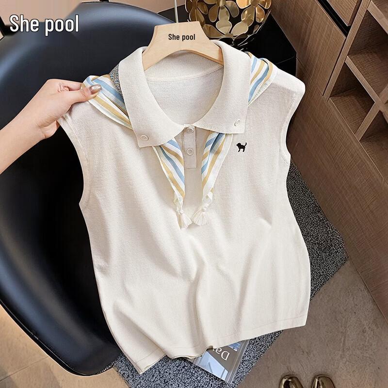 Women s Elegant Sleeveless Lapel Knit Top One Size