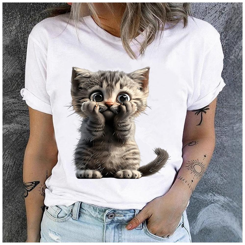 Unisex 100% Polyester Summer Top Cute and Playful Grey Tabby Cat Print Loose Round Neck Short Sleeve Fashion for Lovers