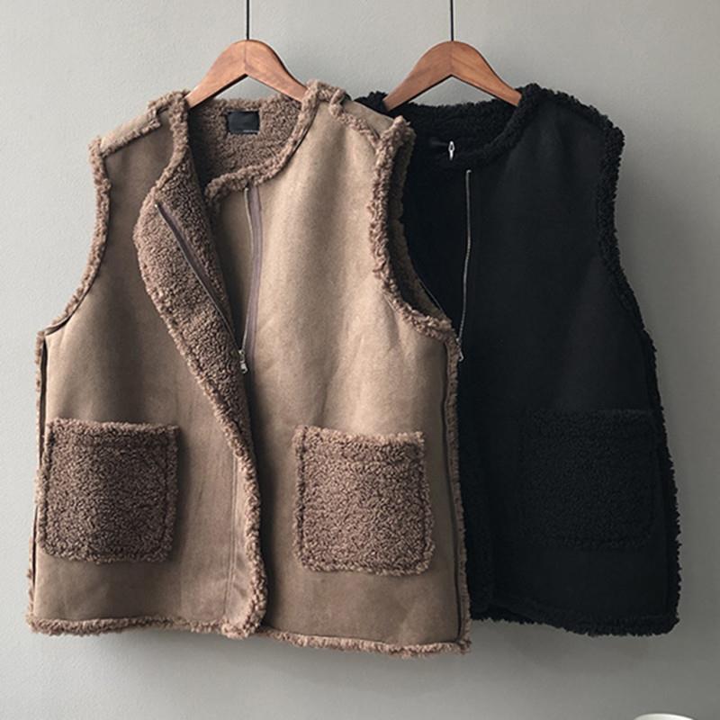 Korean Style Women Faux Lamb Wool Vest Tops Sleeveless Winter Coat Gilet Femme Fashion Brown Jackets Thicken Outerwear