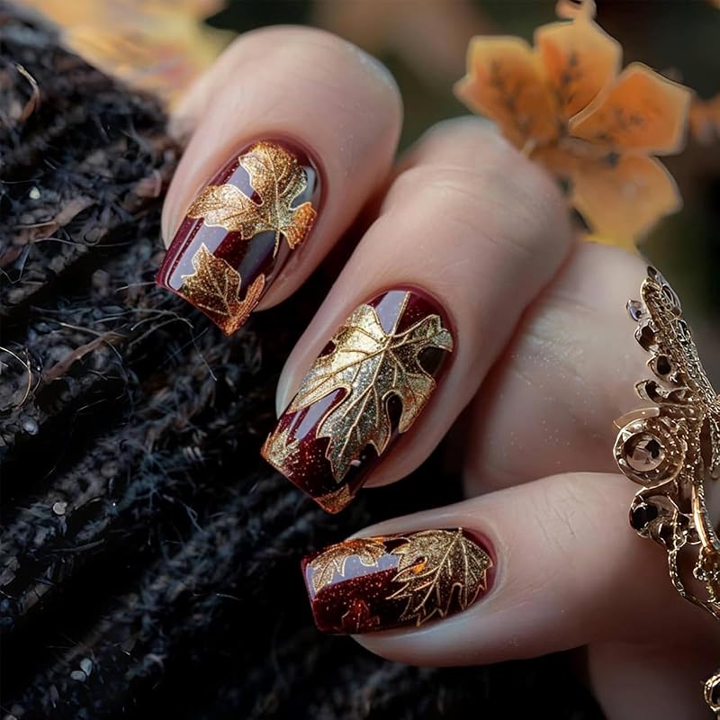 Fall Press On Nails Medium Square Fake Nails with Designs Maple Leaf Stick On Nail Thanksgiving Acrylic False Nail Bling Sequins Artificial Nail