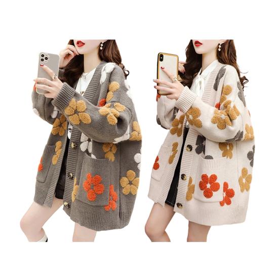 Women Sweater Coat V-Neck Long Sleeve Flower Pattern Knitted Cardigan with Pockets Loose Fit Autumn Winter Knitwear