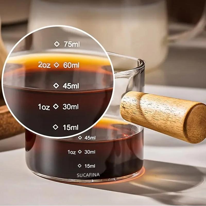Glasmessbecher mit Holzgriff Premium-Qualität Espressotasse für Kaffeeliebhaber Hausbacken Kaffeebar-Nutzung