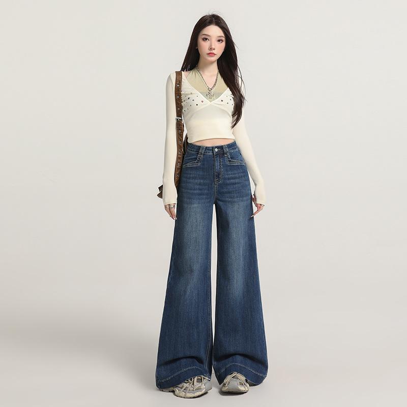 Retro micro-pull jeans, women's autumn new high-waisted loose-fitting wide-legged and thin, no-stick leg flared pants