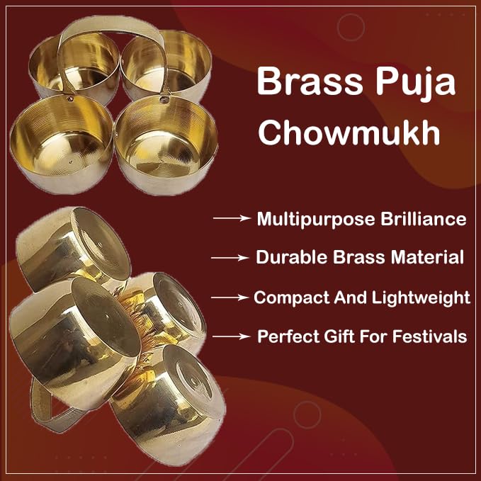 RSINC Brass Metal Puja Roli Chawal |Elaichi Mishri | Chopda for Mandir | Chowmukh Haldi Kumkum Holder 4 Bowl Stand Holder Patra- Gold Brass Chomukha