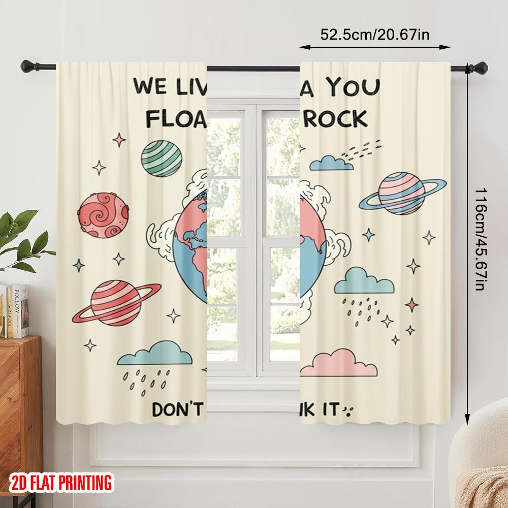 2pcs 2D Flat Printing Window Curtains Floating Rock Space Art 100% Polyester Without Electricity Holiday Decorations Perfect for