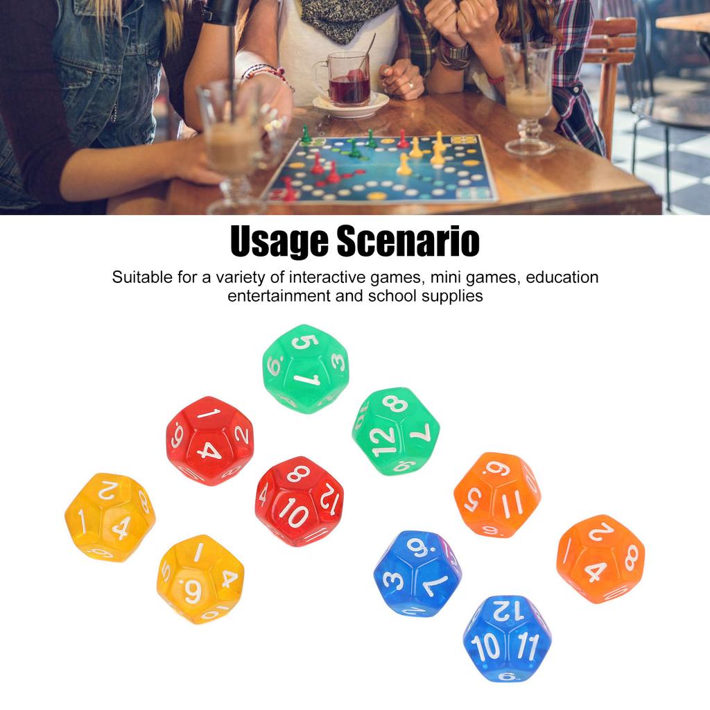 40Pcs 12 Sided Transparent Dice Waterproof 5 Colors Translucent Dice for Board Games and Teaching Math