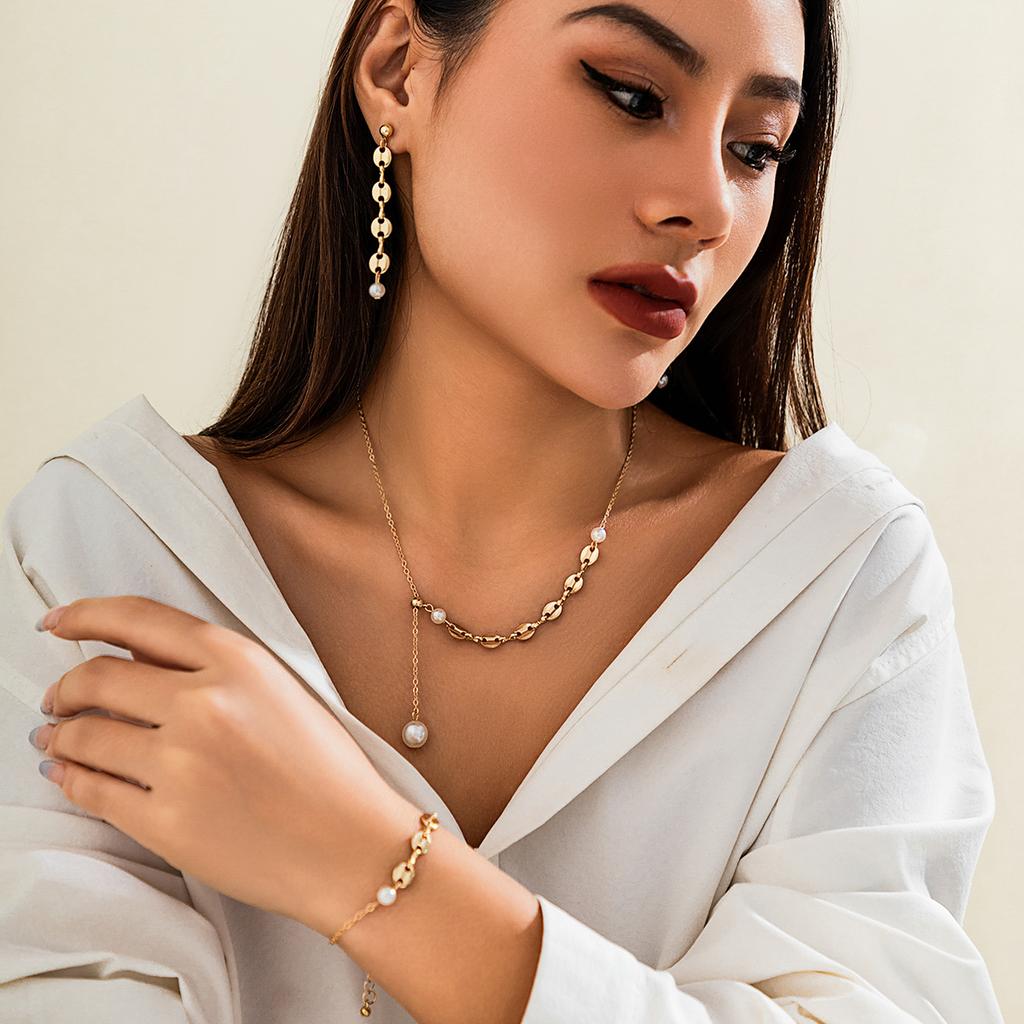 Asymmetrical Chains with Imitation Pearl Pendants Necklace for Women Trendy Necklace/Bracelet/Earrings Jewelry Sets 2026 Fashion
