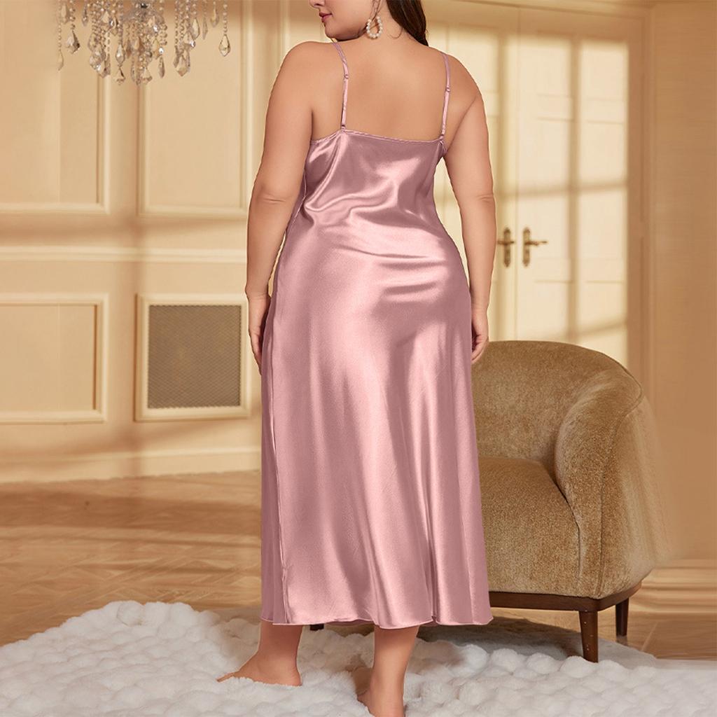 Women Plus Size Satin Slip Dress Adjustable Spaghetti Strap V Neck Midi Length Nightgown Lingerie Sleepwear Chemise