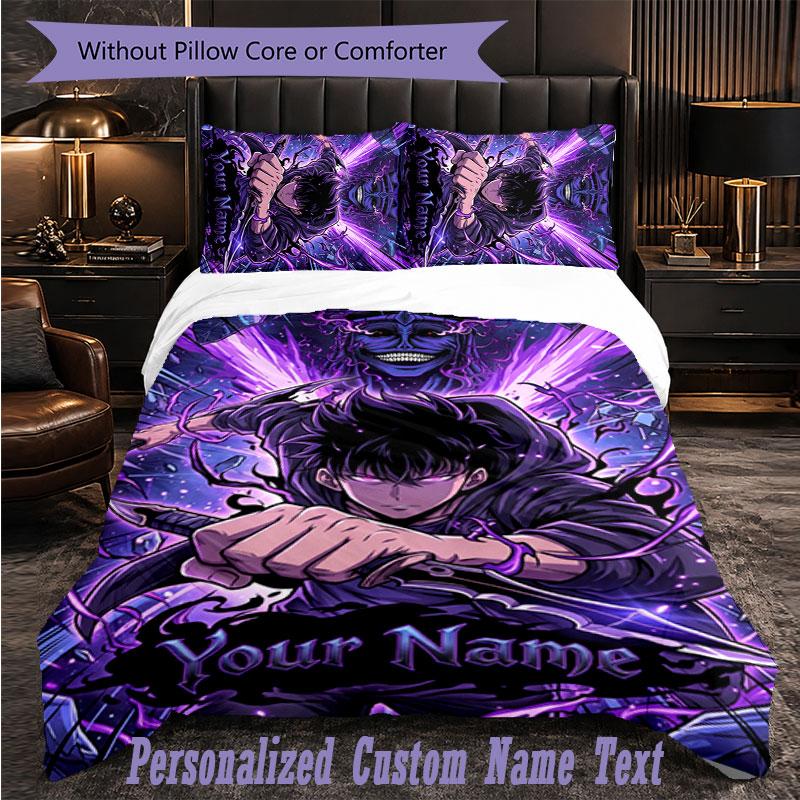 Personalized 3Pcs Bedding SetSolo Leveling Custom Text Duvet Cover Pillowcase Set Bedroom Gift