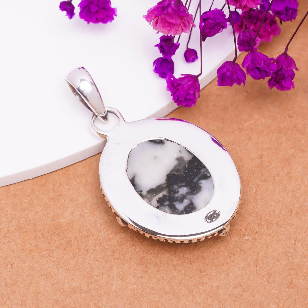 White Buffalo Turquoise - Nevada 925 Sterling Silver Pendant V8386, Black & White Pendant, Oval Pendant, Valentin's Day Gift, Gift For Her, Birthday G
