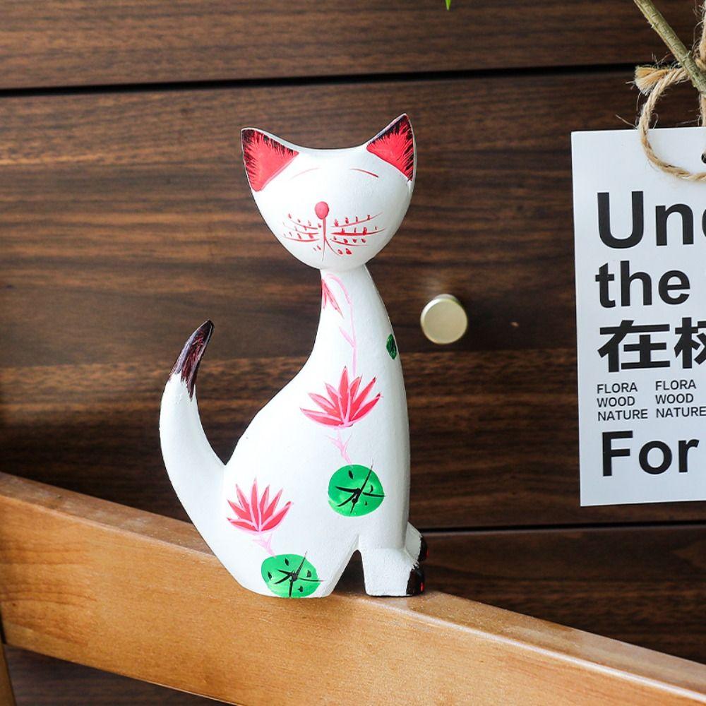 2pcs Modern Cat Statue Wooden Miniatures Figurine Desktop Ornament Animal Sculpture  Car