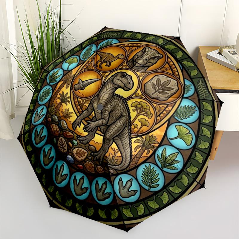 Dinosaur Glass Art Pattern Umbrella, Portable and Foldable Design, 8 Ribs, a Casual Accessory for Halloween, Christmas, and Birthday Gifts.