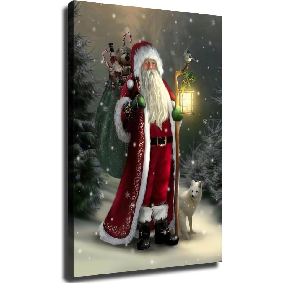 Image of Santa Claus Poster Canvas Print Christmas Wall Art Wall Christmas Pictures Home Bedroom Living Room Wall Decoration (Framed,16×24inch)