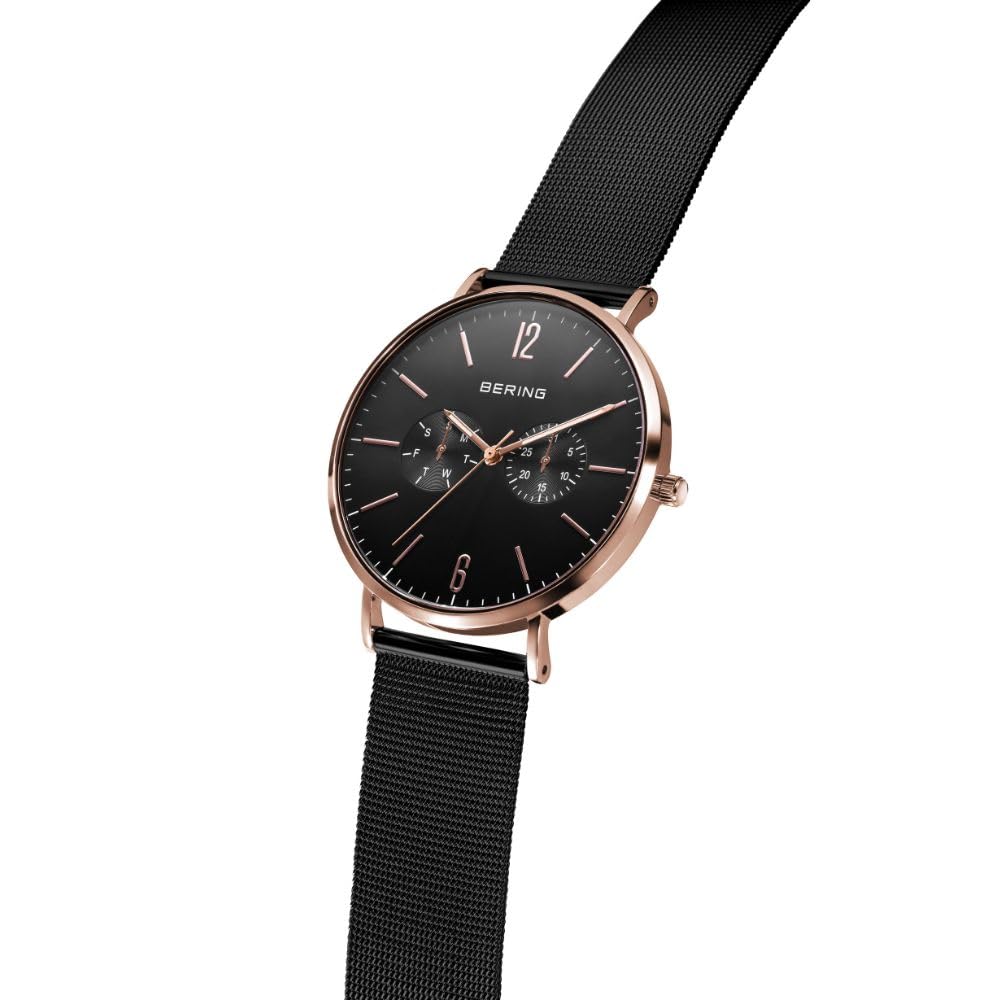 BERING Uhr Unisex Schwarzes Kalbsleder und Schwarzes Edelstahl-Netzarmband 2-teiliges Set Roségold Saphirglas Wechselt 14240-166 Partner-Modell