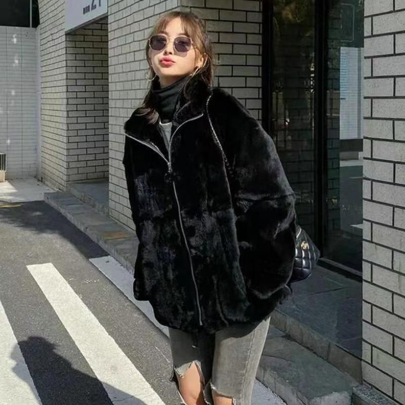 Imitation Rex rabbit fur coat women's 2 winter new fragrant stand-up collar plush loose hooded coat tide