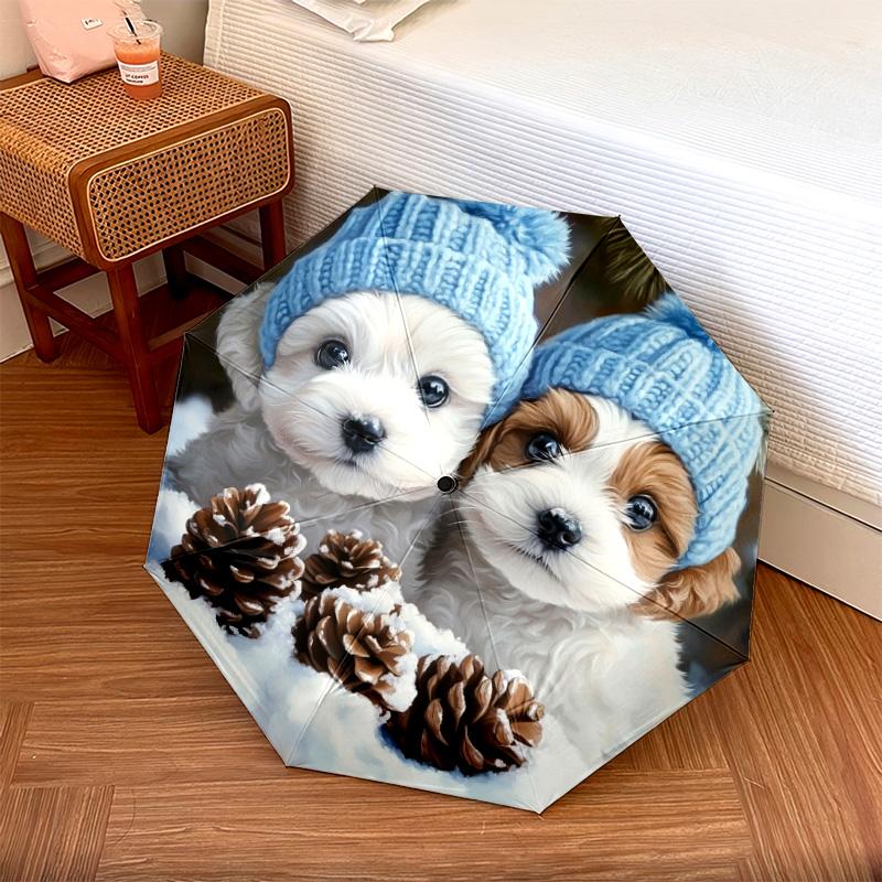 1 Stück Automatischer Faltregenschirm - Süßes Hundemuster, Tragbares & Faltbares Design mit 8 Speichen, Weihnachts- und Geburtstagsgeschenke