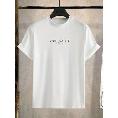 "C'est La Vie", Men's Casual Slightly Stretched Round Neck Pattern Cotton T-shirt, Summer Men's Clothing