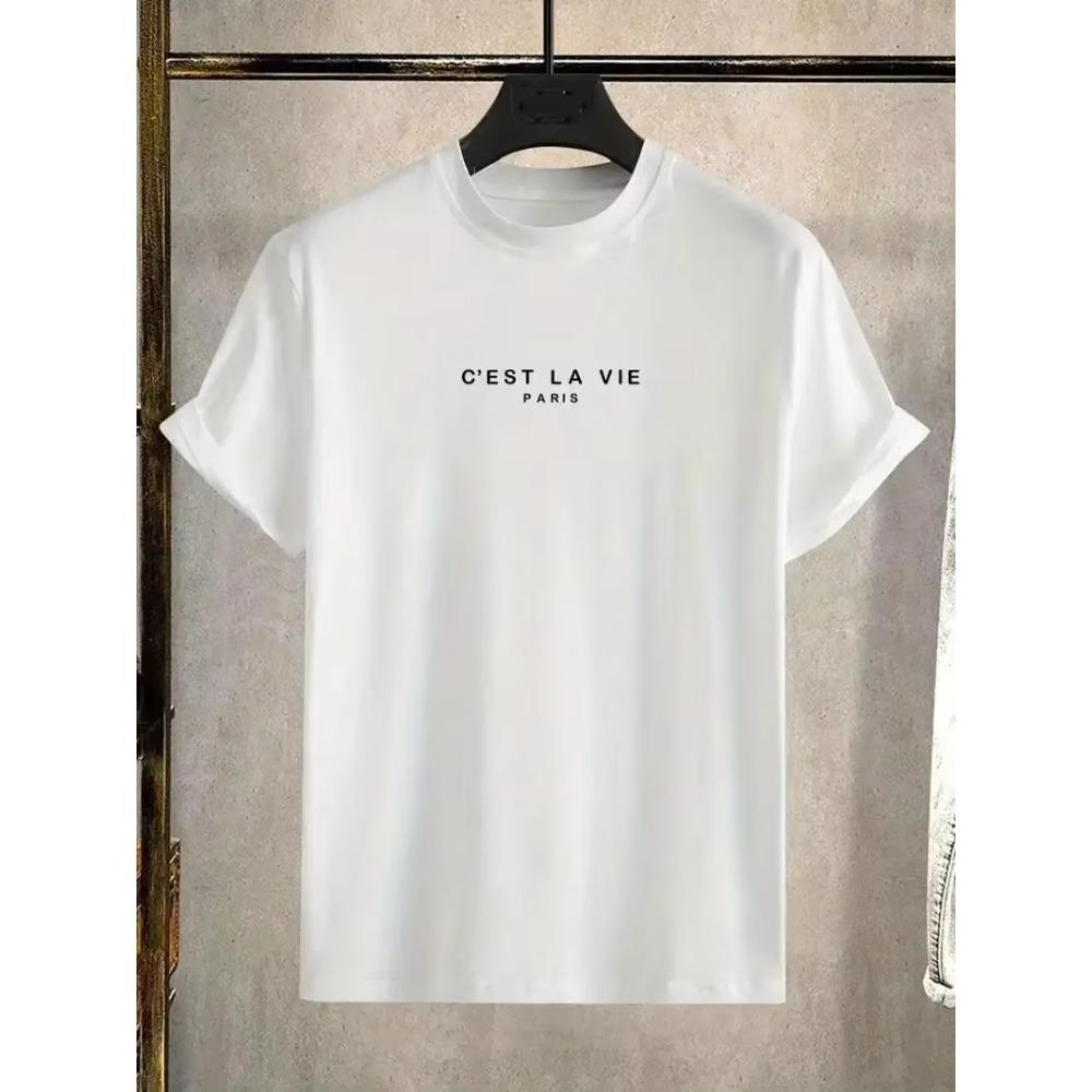 "C'est La Vie", Men's Casual Slightly Stretched Round Neck Pattern Cotton T-shirt, Summer Men's Clothing