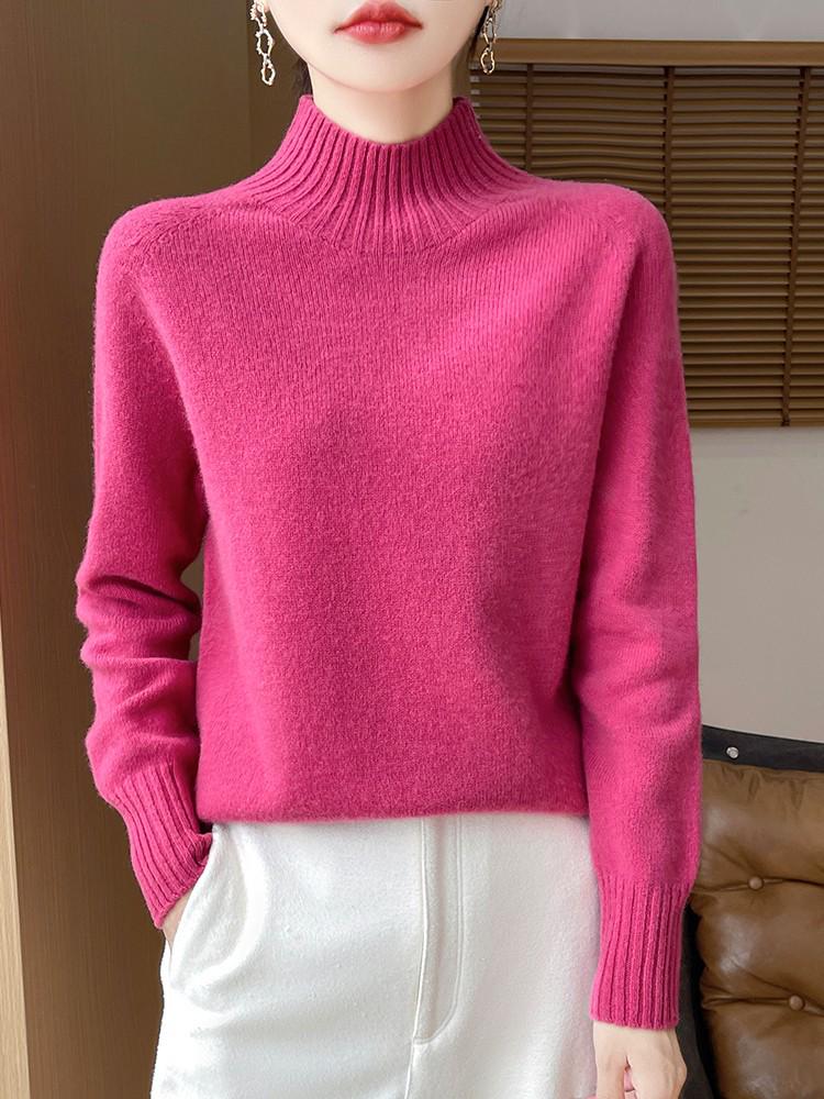 Women's Pure Wool Half-High Collar Loose Knit Sweater - Thickened Autumn/Winter Base Layer Pullover