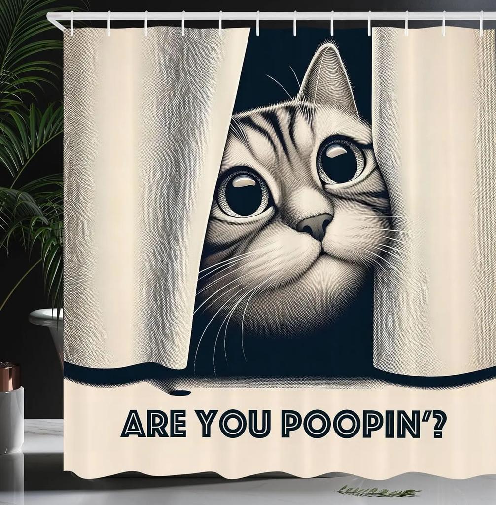 Vintage effect funny whimsical humor cat shower curtain fabric bathroom decoration shower curtain with hook, 180x180cm