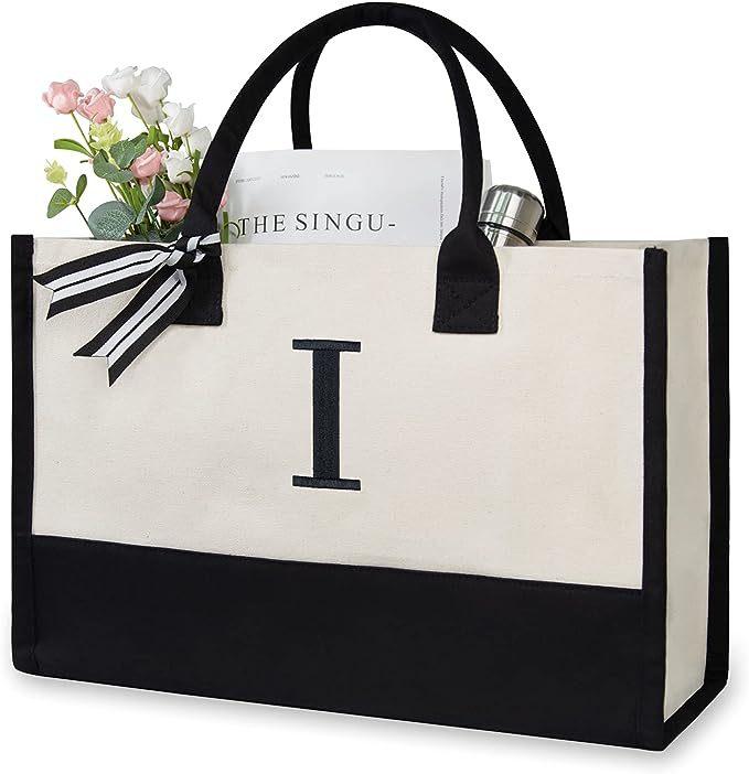 A-Z Letter Canvas Tote Bag Women Large Capacity Shoulder Handbag Contrast Color Thick Fabric Reusable Shopping Bag