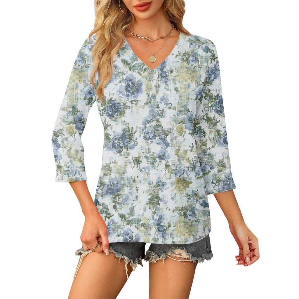 Women's V Neck 3/4 Sleeve Tops Casual T Shirts Basic Summer Tees Loose Fit Fall Pullover Tunic