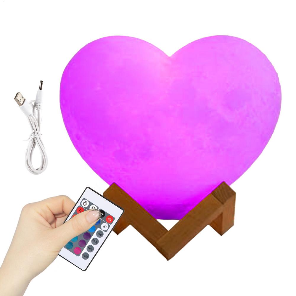 Heart Night Light 16-Color USB Rechargeable LED Nightlight Heart Shaped Light with Stand and Remote Control for Valentine's Day