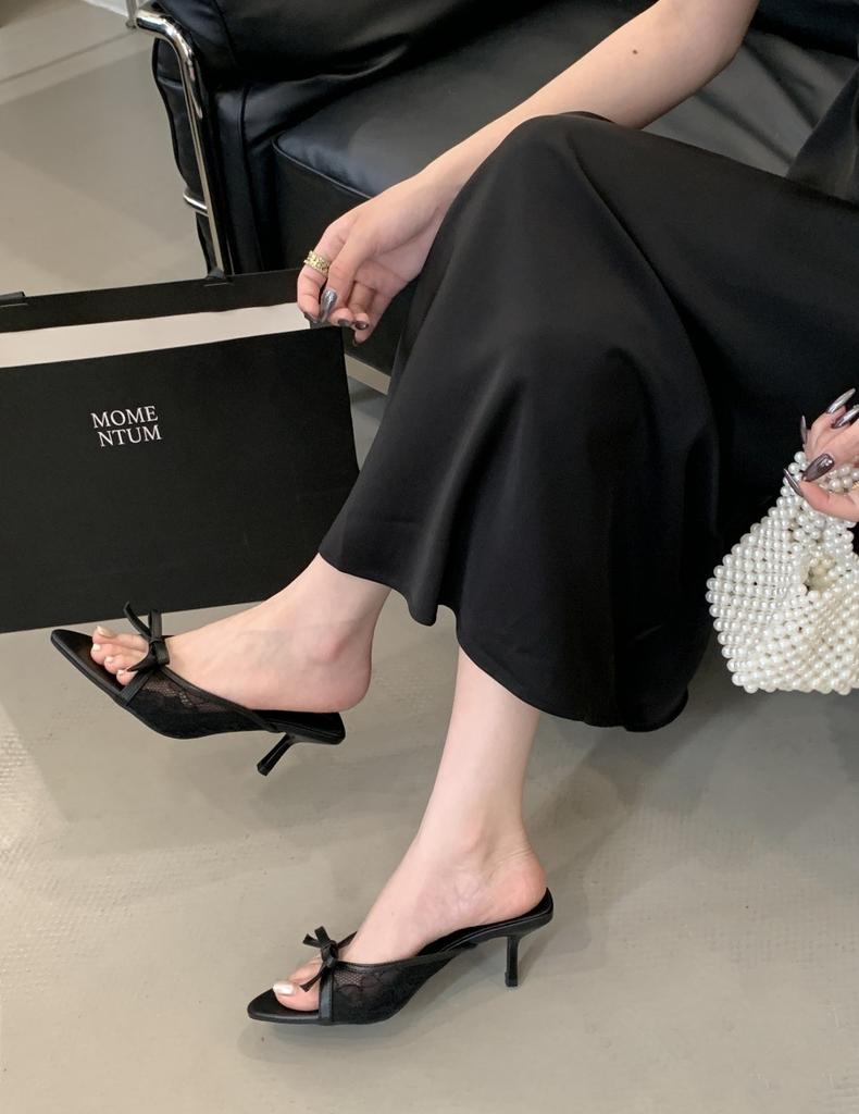 Gentle fairy cool slippers 2025 summer French temperament elegant mesh bow pointed stiletto high heels