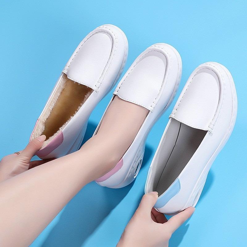 Nurse Shoes Women's Autumn, Autumn and Winter Korean Version Leather Casual Flat-bottomed Air Cushion Nurse Shoes Cotton New White Shoes