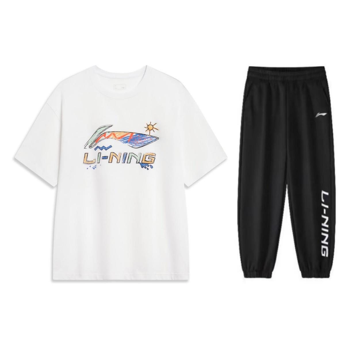 

Li-Ning Расписанный вручную принт, круглый вырез, короткий рукав, повседневный спортивный костюм унисекс AHSU745-2+YYKU111-1 L