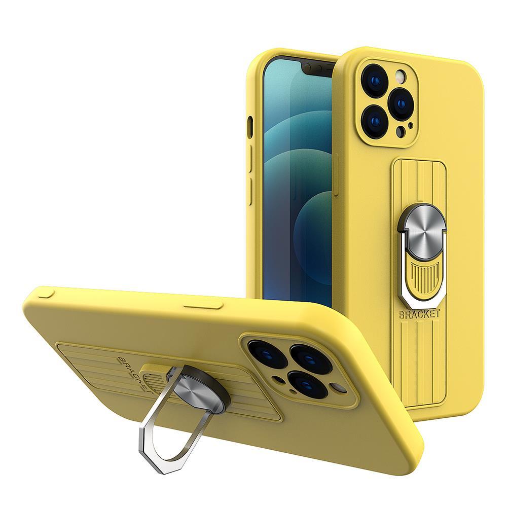 iPhone 12 Pro Silicone Ring Case with Finger Holder and Stand - Yellow