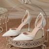 Fashion High Heeled Shoes Women's 2025 Summer with A Thin Heel and Pointed Toe A Straight Cut Lace Surface White Pearl Bridal Shoe Women