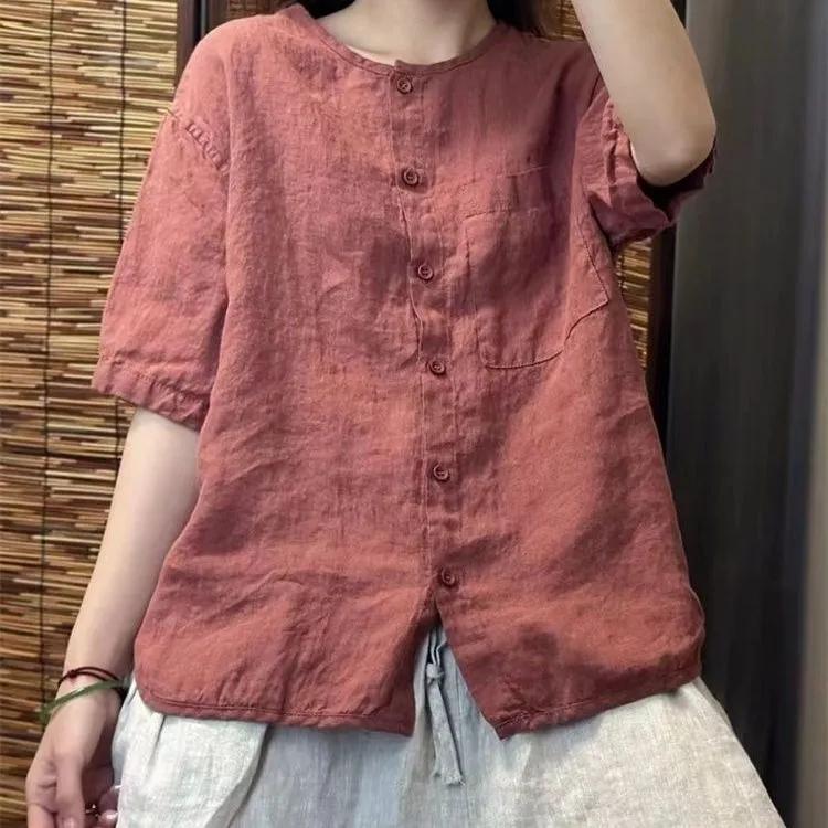 Chiffon Baumwolle Leinen Rundhals T-Shirt Damen Sommer Vintage Kunst Locker Hemd Offener Cardigan Kurzes Hemd für Damen
