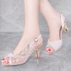 Rhinestones Mesh Hollow Breathable High Heels Women's Sandals Outdoor Chic and Elegant 2025 Luxury Summer Offers Ladies Shoes