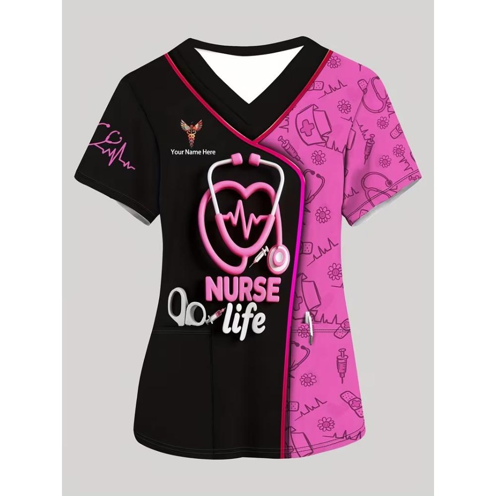 Surgical Gown Women's 3D Printed Nurse Top Summer Fashion V-tie Pocket Short Sleeved Women's Medical Gown