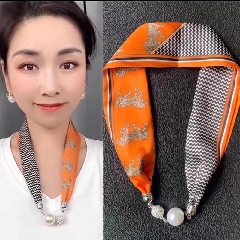 Live Season Magnet Buckle Silk Scarf Women'S Pearl Necklace Long Silk Scarf Headband Decorative Small Scarf
